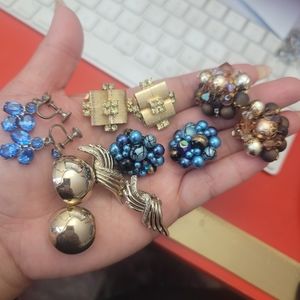 Bundle of 6 Vintage clip on earrings Japan Coro, etc. Gold blue brown.